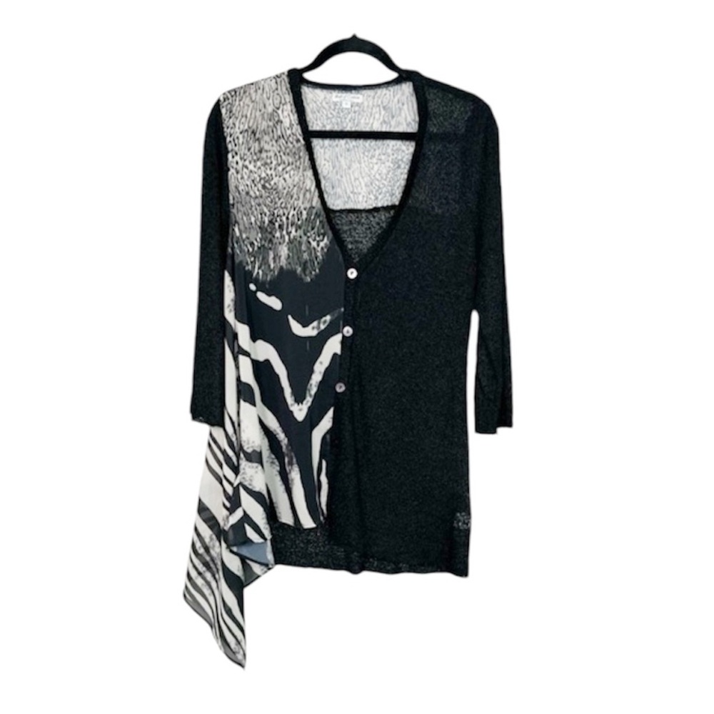 BALL OF COTTON Asymmetric Mixed Media black and white animal print cardigan